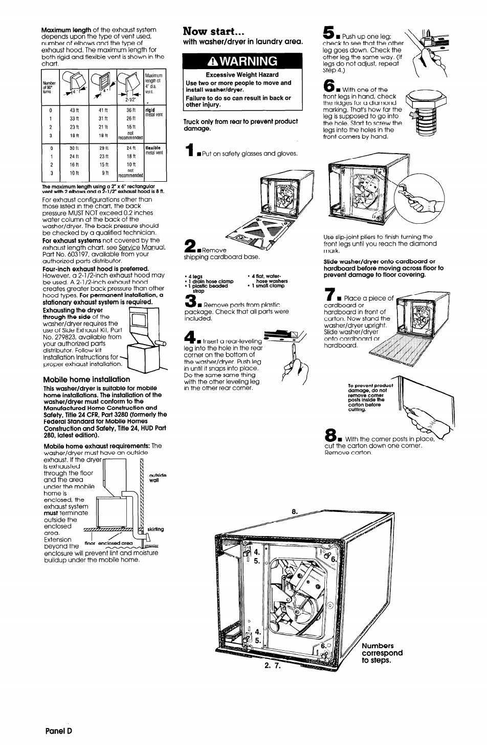 Now start, Warning, Truck only from rear to prevent product damage | Whirlpool LTE5243DQ User Manual | Page 5 / 9