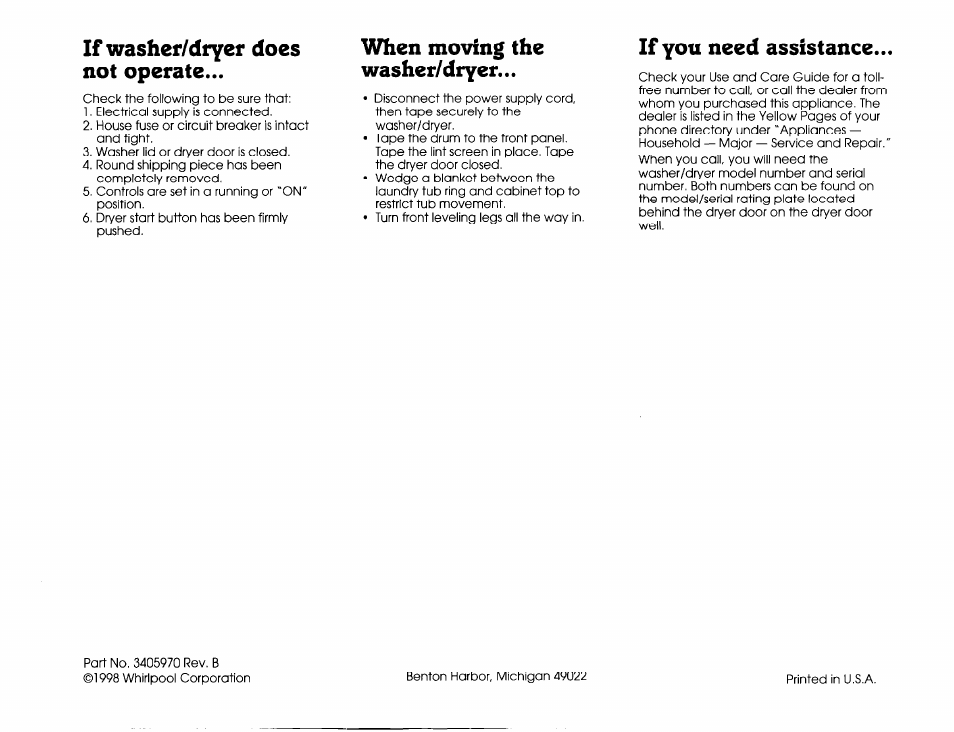 If washer/dryer does not operate, When moving the washer/dryer, If yon need assistance | Whirlpool LTE5243DQ User Manual | Page 9 / 9
