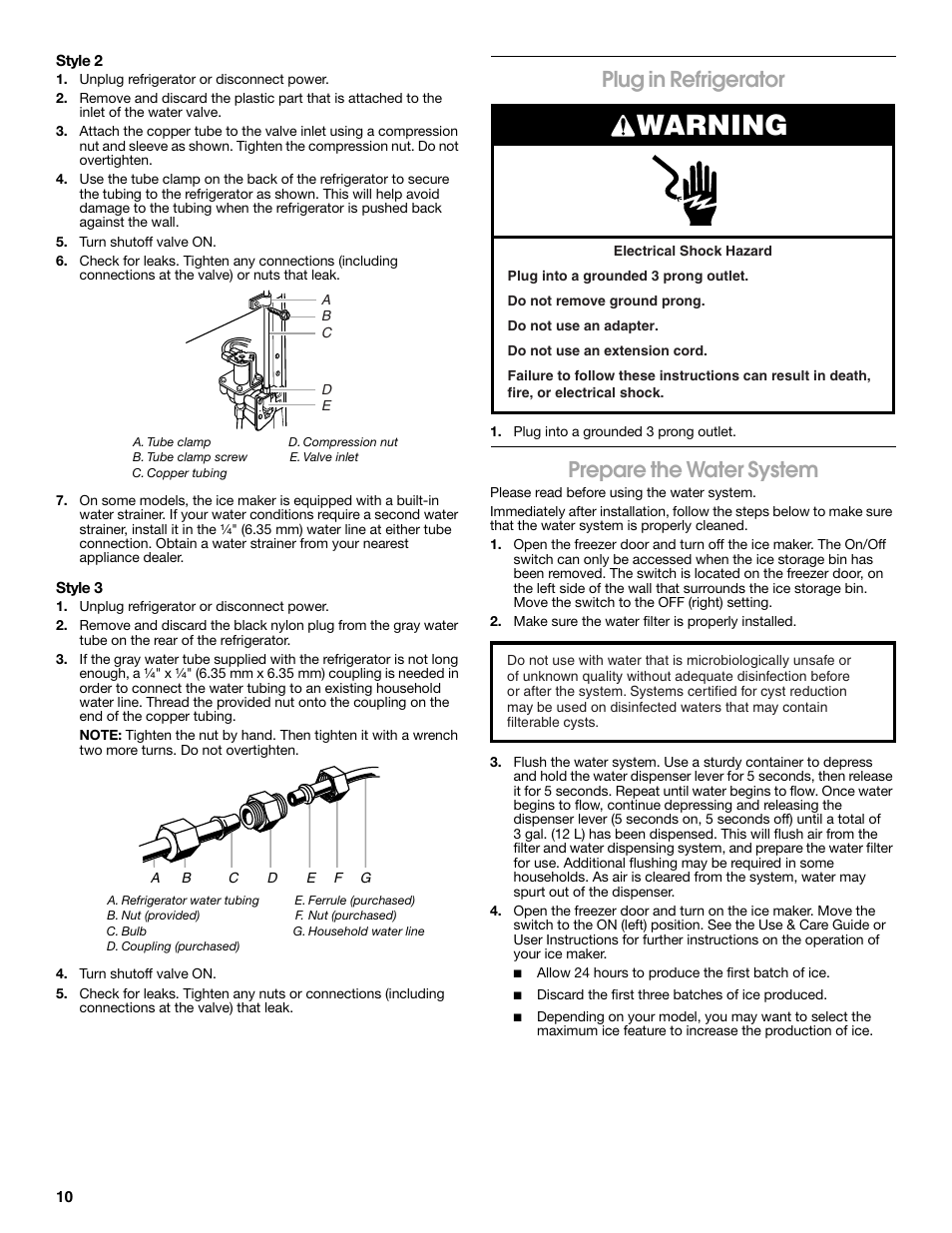 Warning, Plug in refrigerator, Prepare the water system | Whirlpool WRS965CIAM User Manual | Page 10 / 36