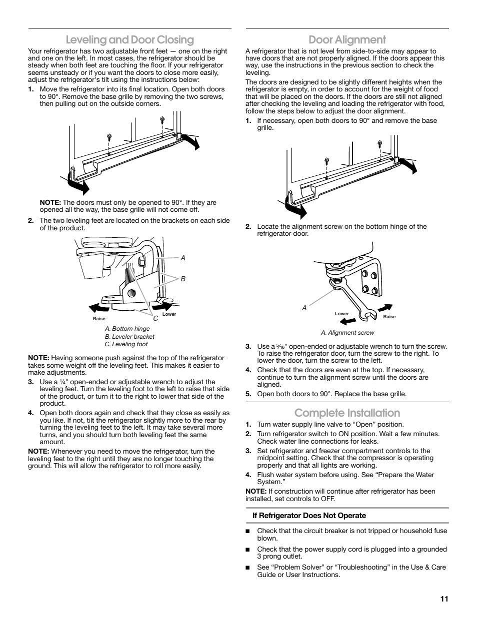 Leveling and door closing, Door alignment, Complete installation | Whirlpool WRS965CIAM User Manual | Page 11 / 36