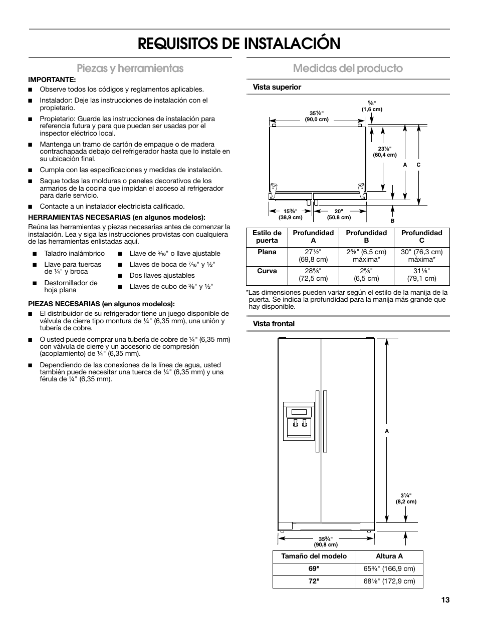 Requisitos de instalación, Piezas y herramientas, Medidas del producto | Whirlpool WRS965CIAM User Manual | Page 13 / 36