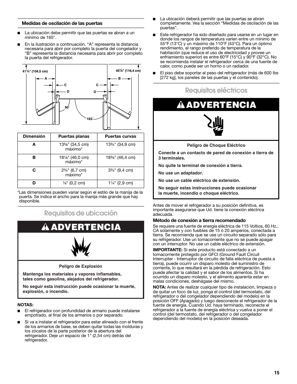 Advertencia, Requisitos de ubicación, Requisitos eléctricos | Whirlpool WRS965CIAM User Manual | Page 15 / 36