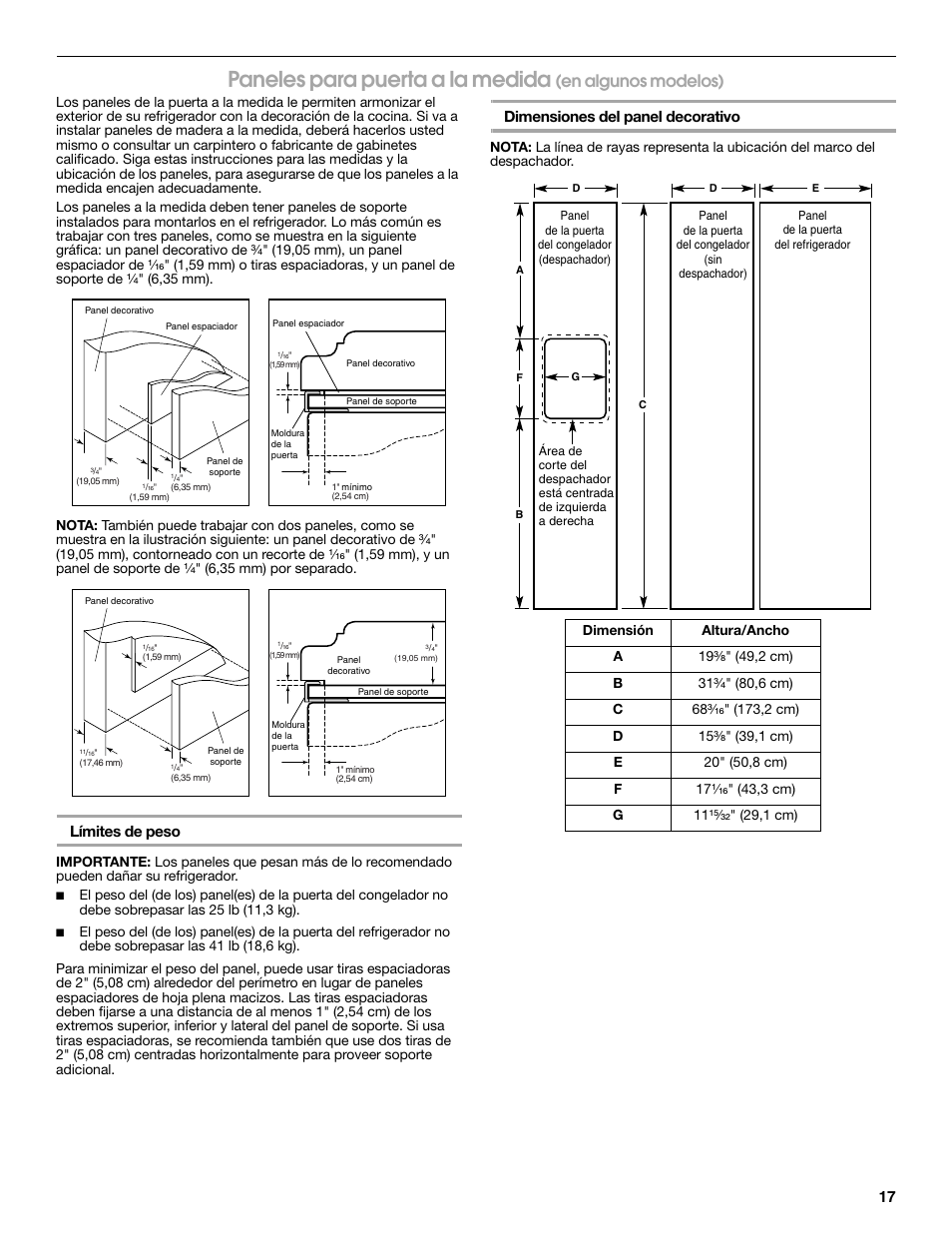 Paneles para puerta a la medida, En algunos modelos), Límites de peso | Dimensiones del panel decorativo | Whirlpool WRS965CIAM User Manual | Page 17 / 36