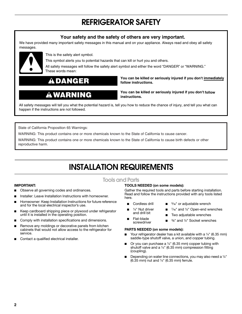 Refrigerator safety installation requirements, Danger warning, Tools and parts | Whirlpool WRS965CIAM User Manual | Page 2 / 36