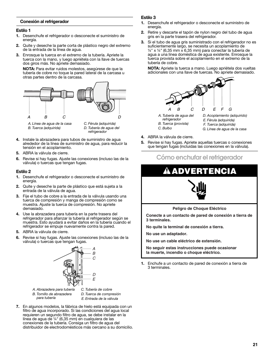 Advertencia, Cómo enchufar el refrigerador | Whirlpool WRS965CIAM User Manual | Page 21 / 36