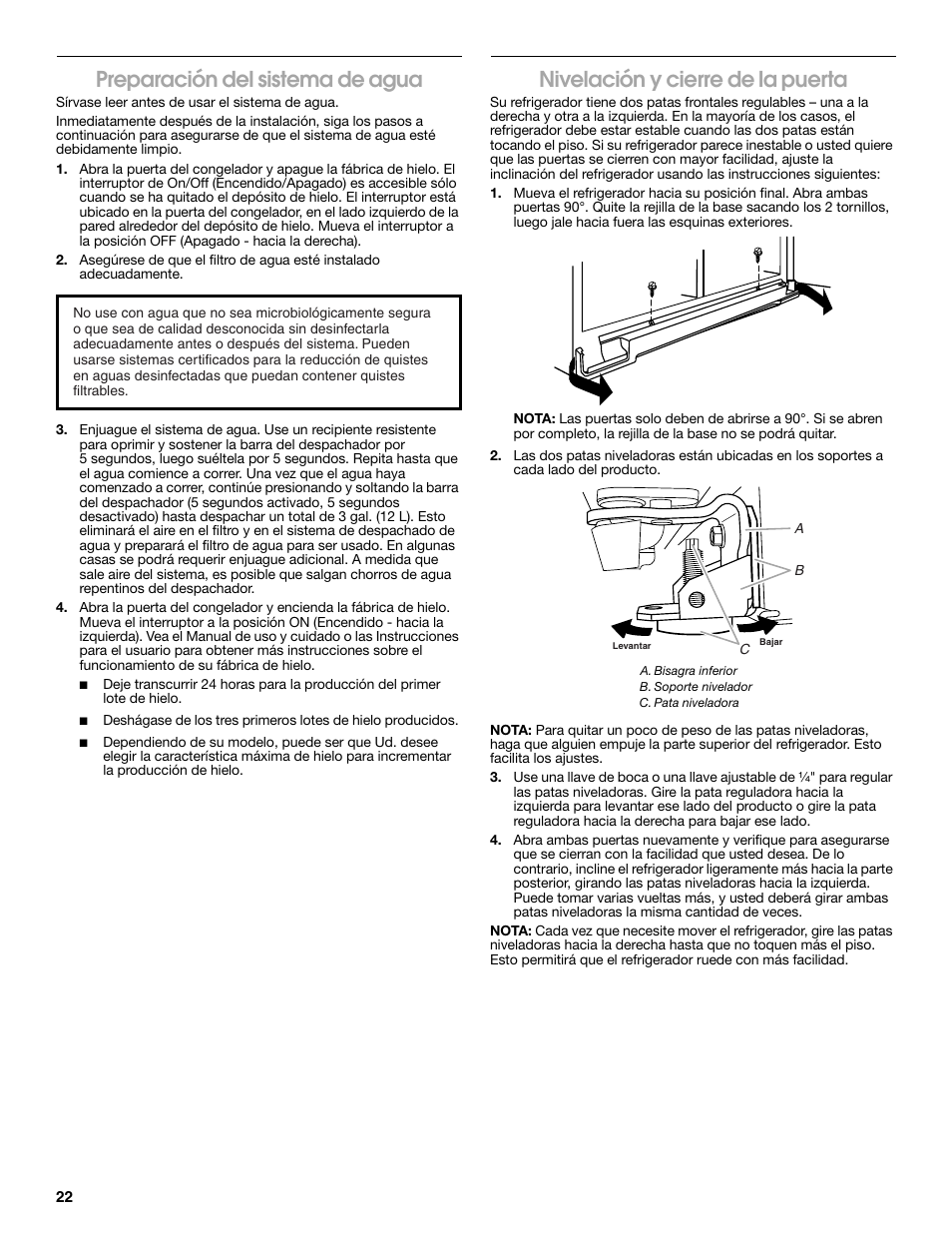 Preparación del sistema de agua, Nivelación y cierre de la puerta | Whirlpool WRS965CIAM User Manual | Page 22 / 36