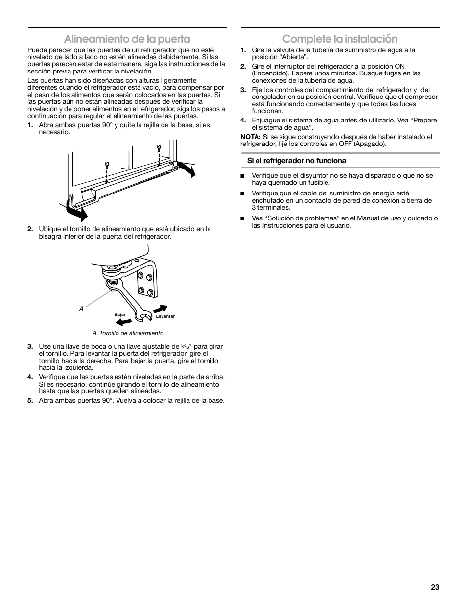 Alineamiento de la puerta, Complete la instalación | Whirlpool WRS965CIAM User Manual | Page 23 / 36