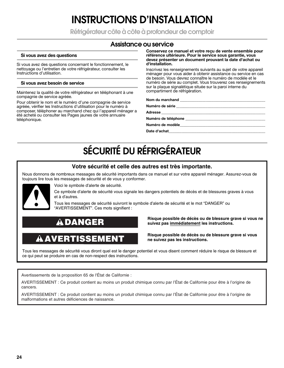 Instructions d’installation, Sécurité du réfrigérateur, Avertissement danger | Whirlpool WRS965CIAM User Manual | Page 24 / 36