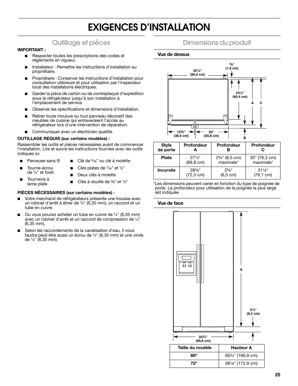 Exigences d’installation, Outillage et pièces, Dimensions du produit | Whirlpool WRS965CIAM User Manual | Page 25 / 36