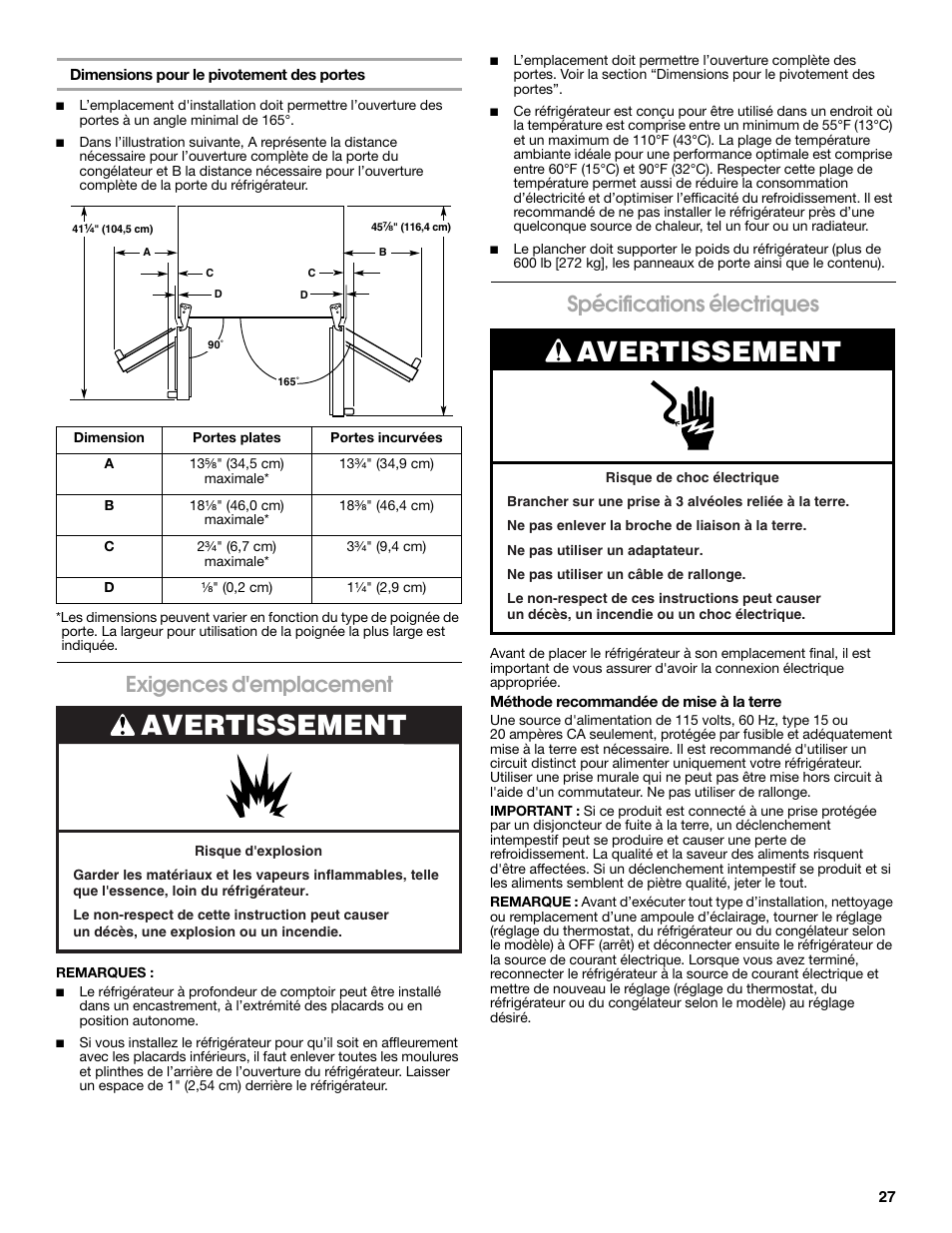 Avertissement, Exigences d'emplacement, Spécifications électriques | Whirlpool WRS965CIAM User Manual | Page 27 / 36