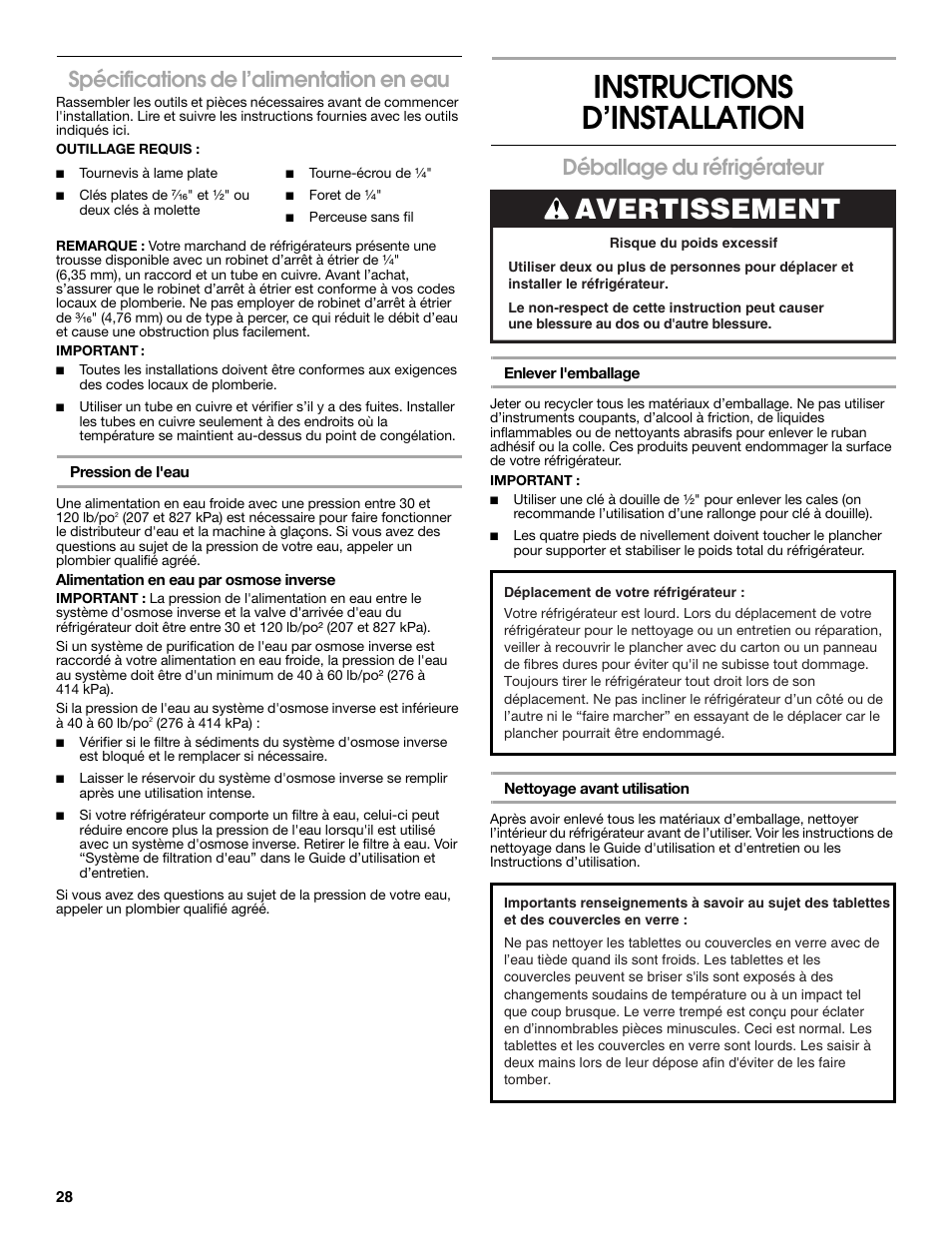 Instructions d’installation, Avertissement, Spécifications de l’alimentation en eau | Déballage du réfrigérateur | Whirlpool WRS965CIAM User Manual | Page 28 / 36