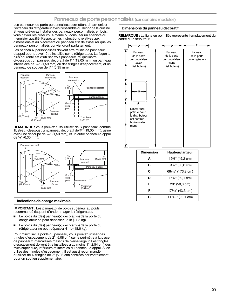 Panneaux de porte personnalisés, Sur certains modèles), Indications de charge maximale | Dimensions du panneau décoratif | Whirlpool WRS965CIAM User Manual | Page 29 / 36