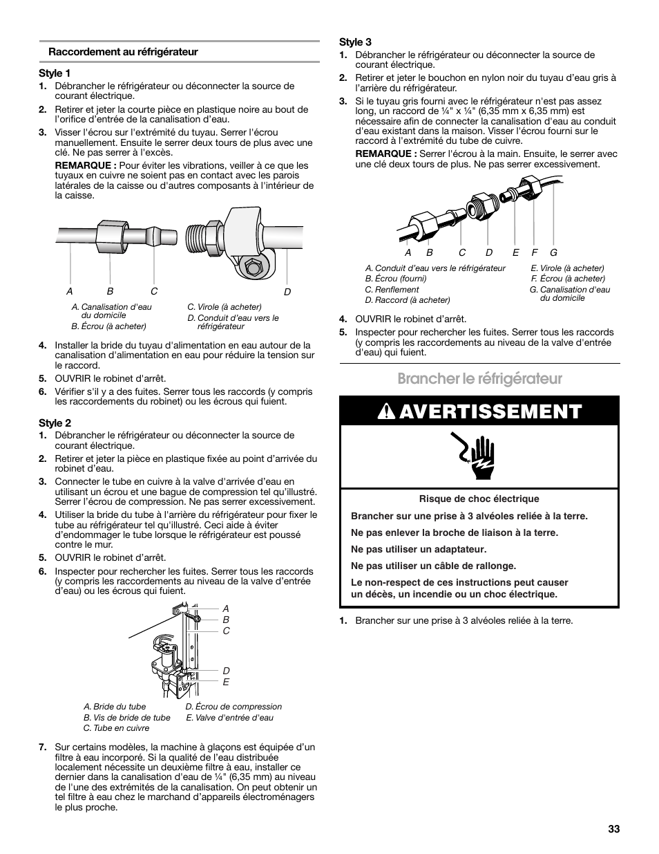 Avertissement, Brancher le réfrigérateur | Whirlpool WRS965CIAM User Manual | Page 33 / 36