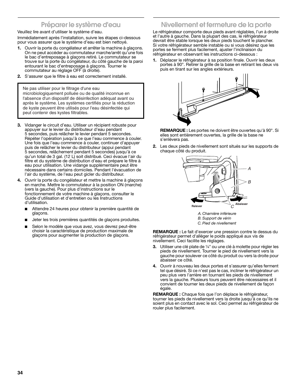 Préparer le système d'eau, Nivellement et fermeture de la porte | Whirlpool WRS965CIAM User Manual | Page 34 / 36