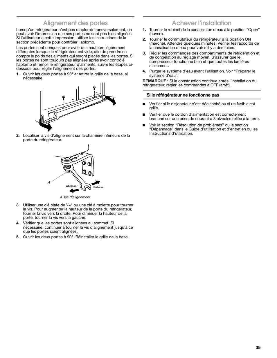 Alignement des portes, Achever l’installation | Whirlpool WRS965CIAM User Manual | Page 35 / 36
