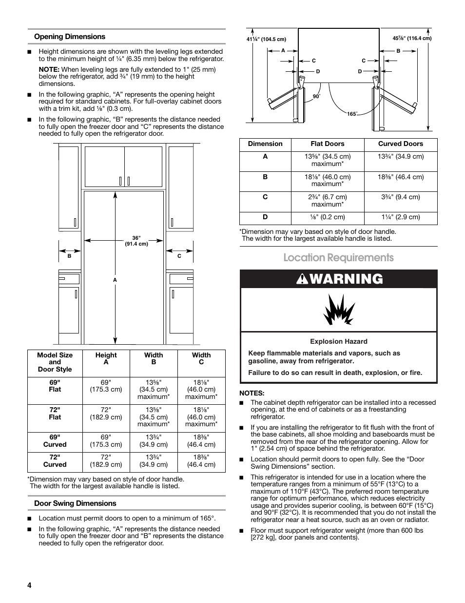 Warning, Location requirements | Whirlpool WRS965CIAM User Manual | Page 4 / 36