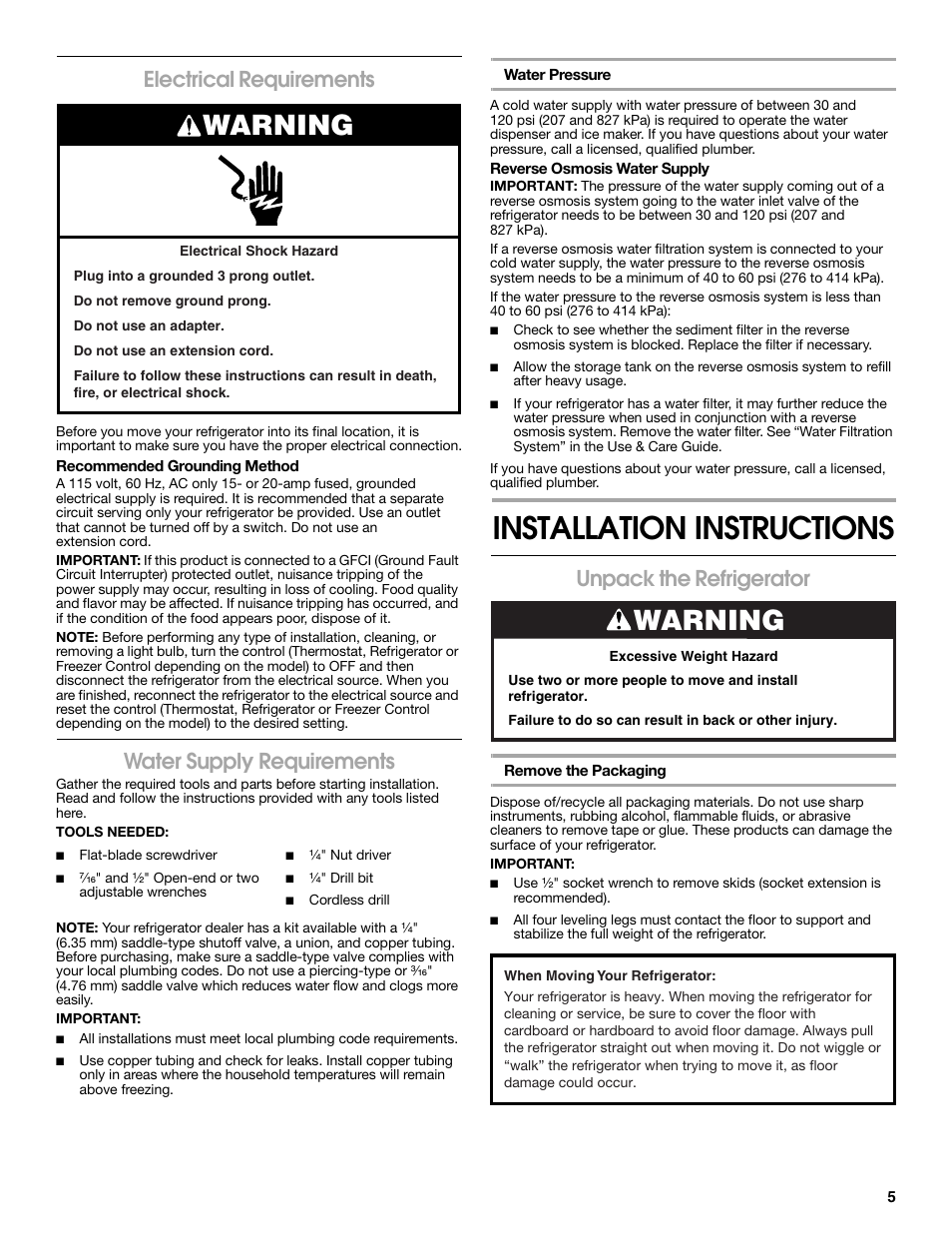 Installation instructions, Warning, Electrical requirements | Water supply requirements, Unpack the refrigerator | Whirlpool WRS965CIAM User Manual | Page 5 / 36