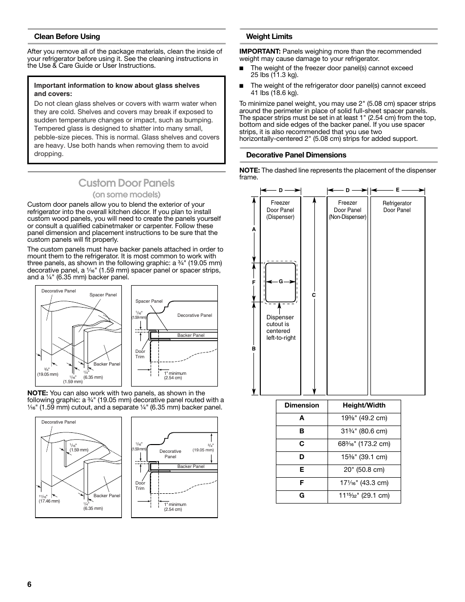 Custom door panels, On some models), 6clean before using | Weight limits, Decorative panel dimensions | Whirlpool WRS965CIAM User Manual | Page 6 / 36