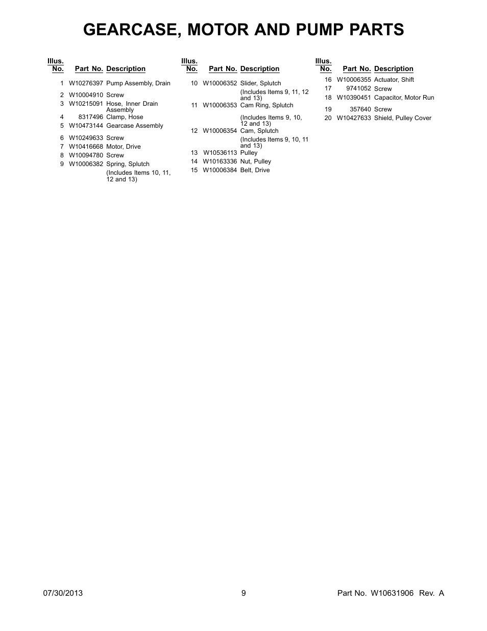 Gearcase, motor and pump parts | Whirlpool WTW4800BQ User Manual | Page 9 / 10