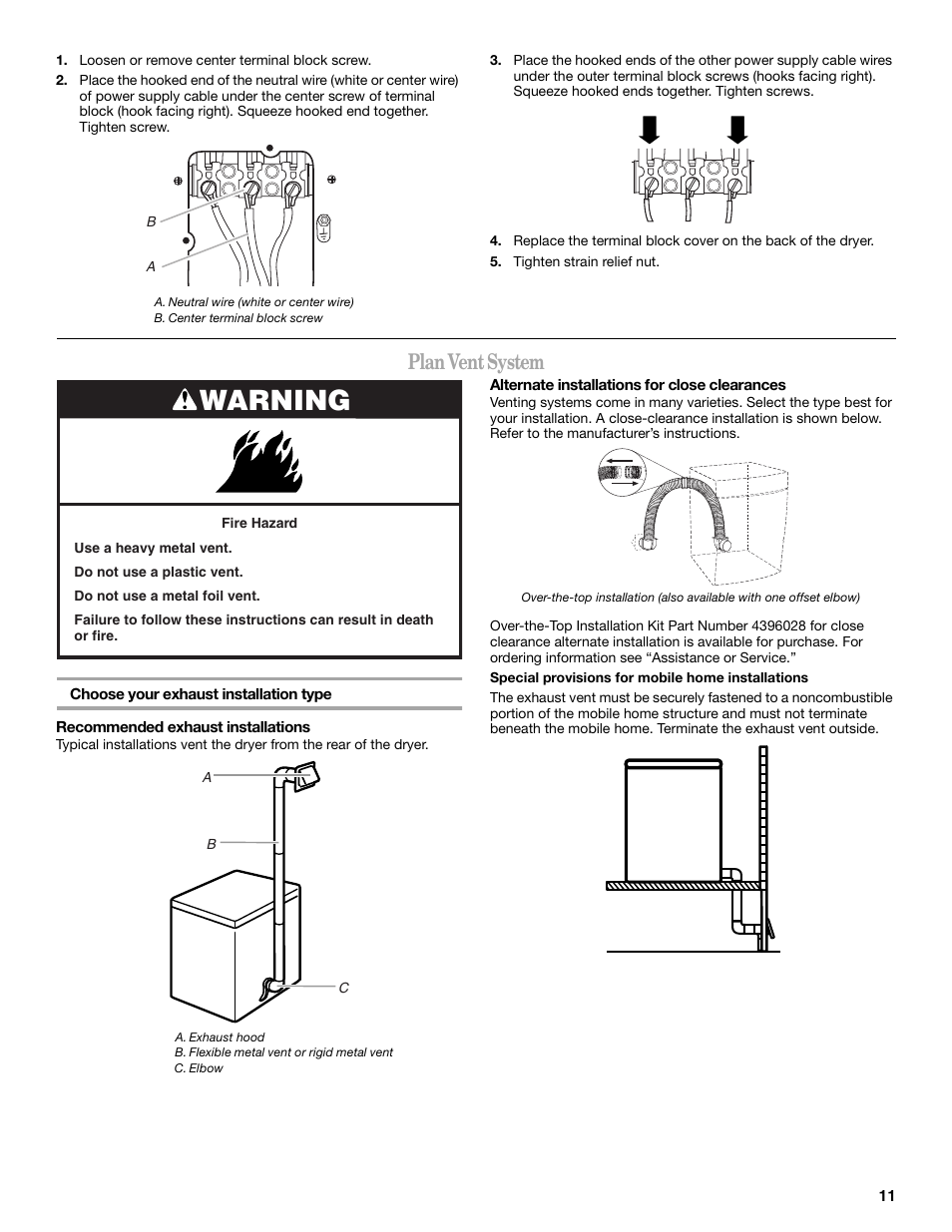 Warning, Plan vent system | Whirlpool WED7500VW User Manual | Page 11 / 20