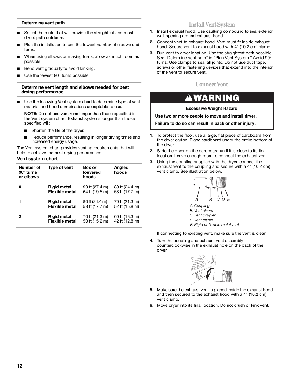 Warning, Install vent system, Connect vent | Whirlpool WED7500VW User Manual | Page 12 / 20