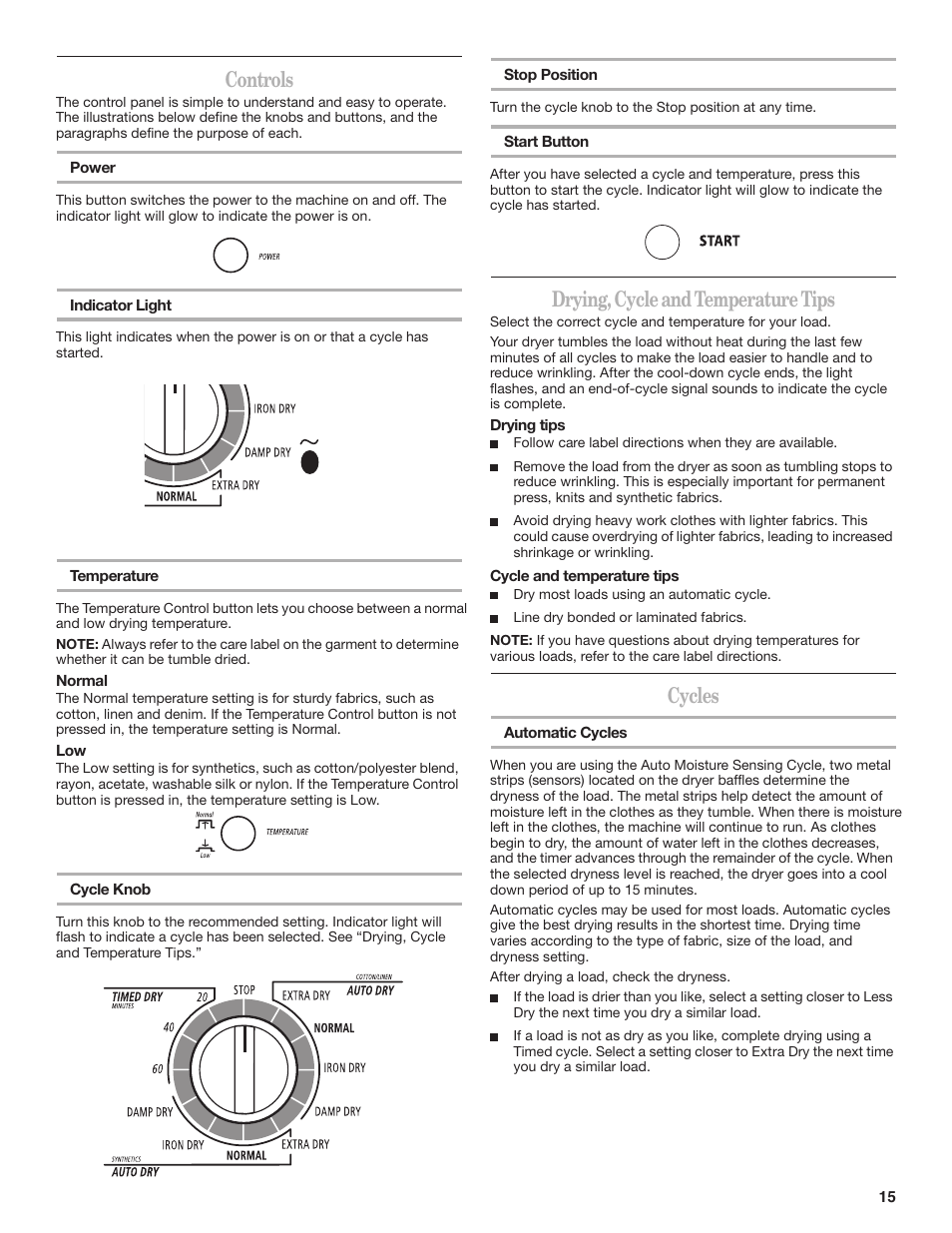 Controls, Drying,cycleandtemperaturetips, Cycles | Whirlpool WED7500VW User Manual | Page 15 / 20