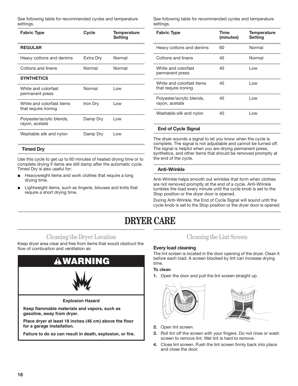 Dryer care, Warning, Cleaningthedryer location | Cleaningthelintscreen | Whirlpool WED7500VW User Manual | Page 16 / 20