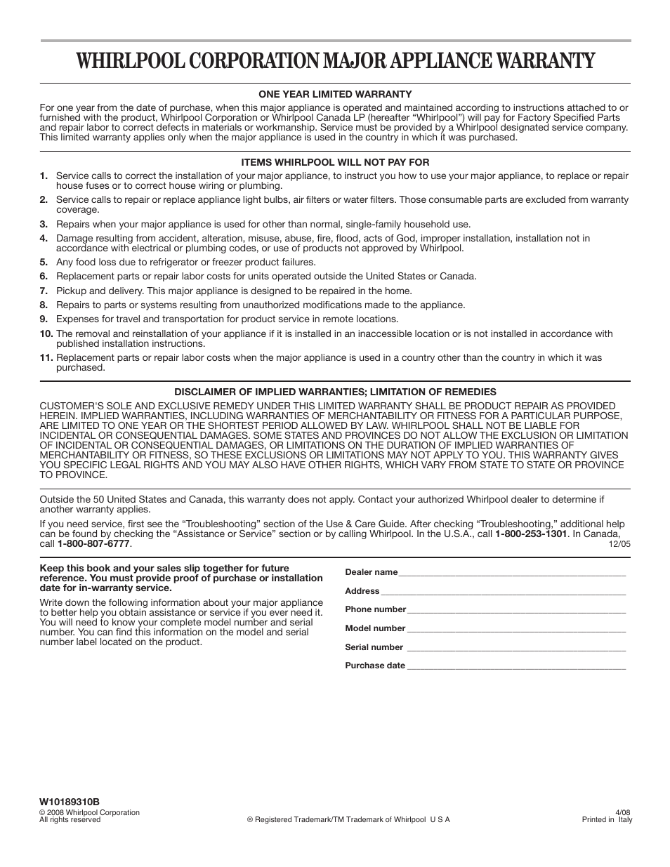 Whirlpool corporation major appliance warranty | Whirlpool WED7500VW User Manual | Page 20 / 20