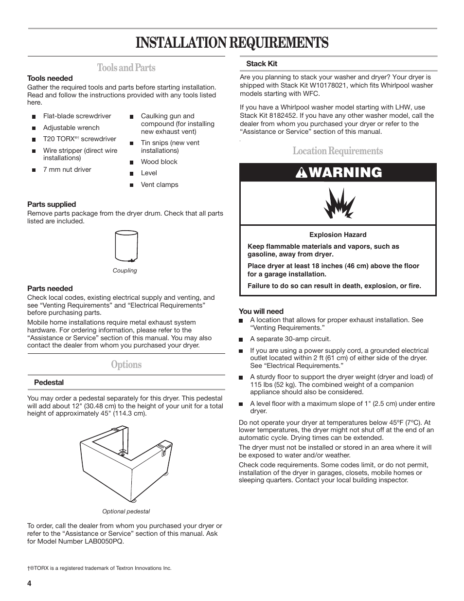 Installation requirements, Warning, Toolsandparts | Options, Locationrequirements | Whirlpool WED7500VW User Manual | Page 4 / 20