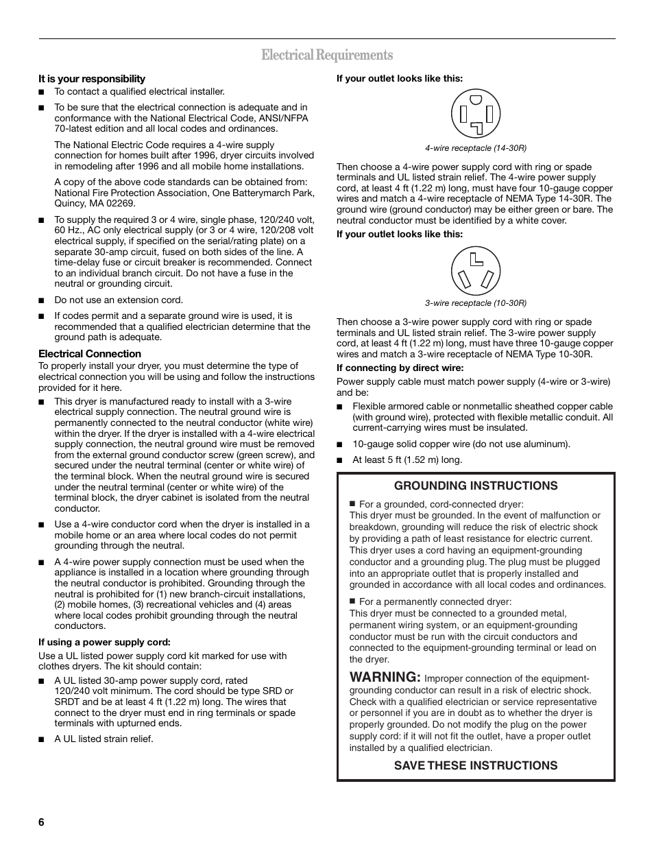 Electrical requirements, Warning, Grounding instructions save these instructions | Whirlpool WED7500VW User Manual | Page 6 / 20