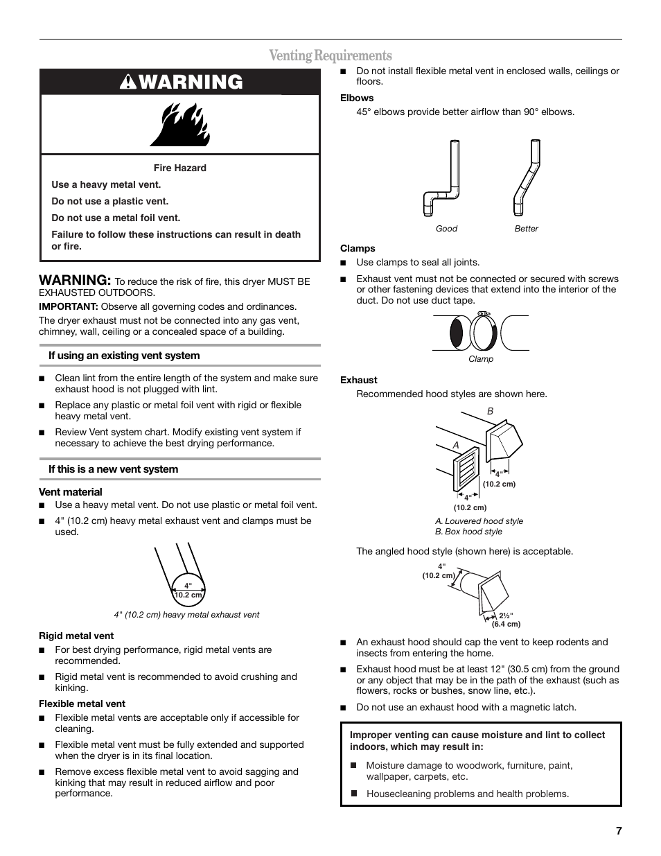 Venting requirements, Warning | Whirlpool WED7500VW User Manual | Page 7 / 20