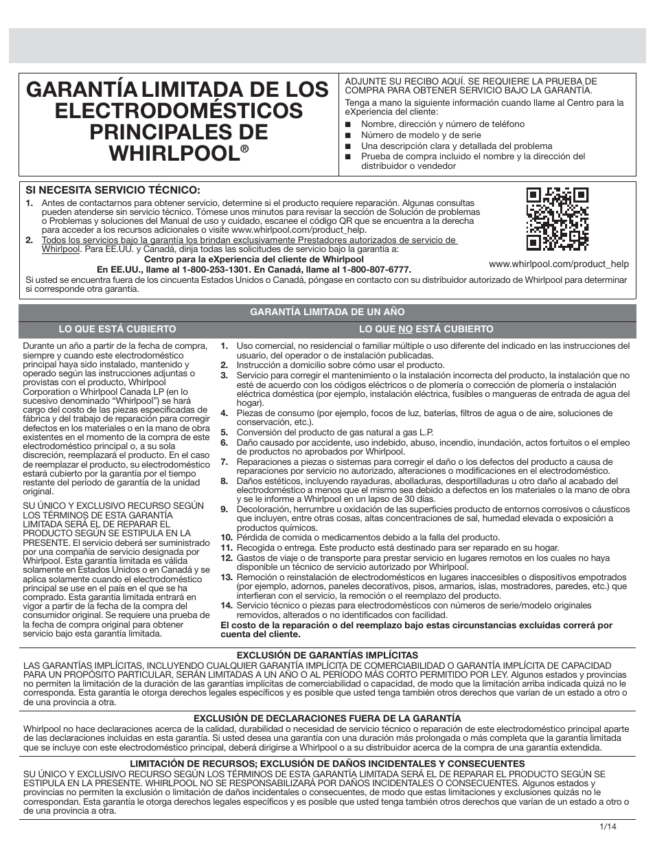 Garantía | Whirlpool WRF989SDAM User Manual | Page 2 / 4