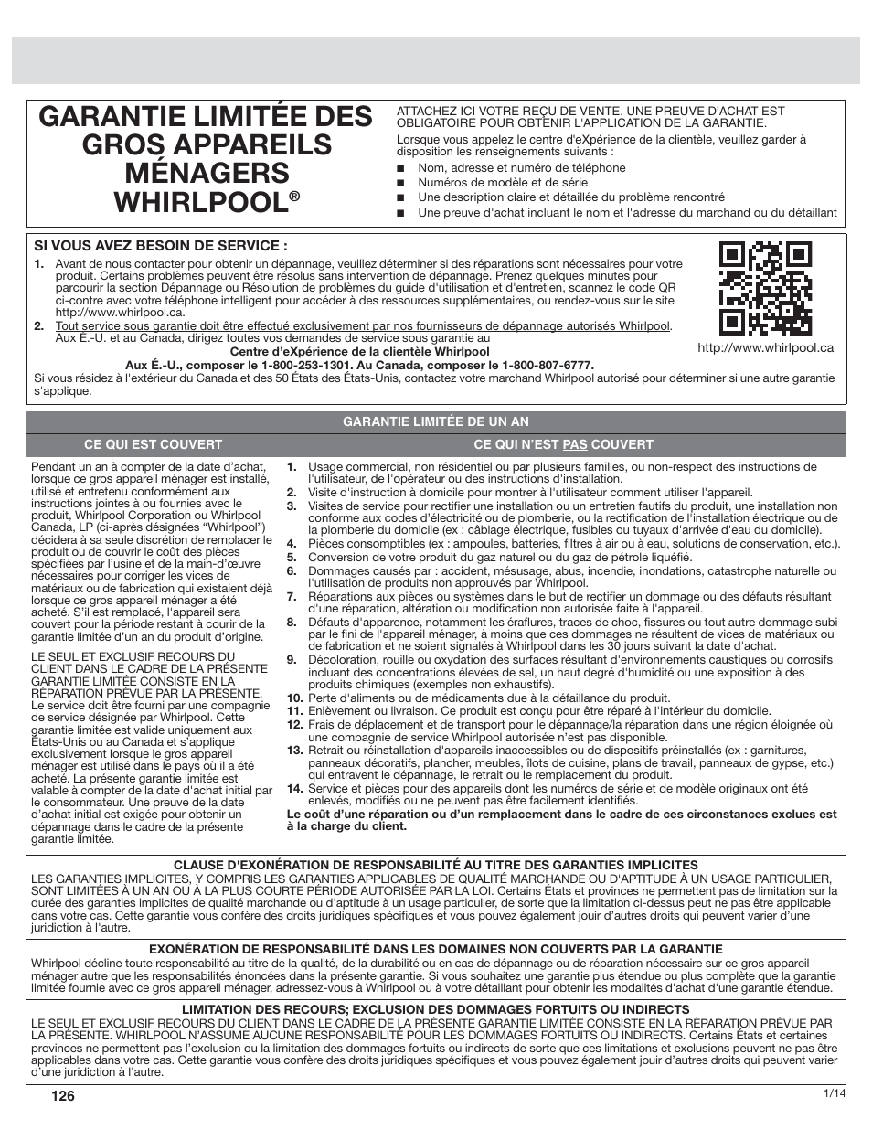 Garantie | Whirlpool WRF989SDAM User Manual | Page 3 / 4