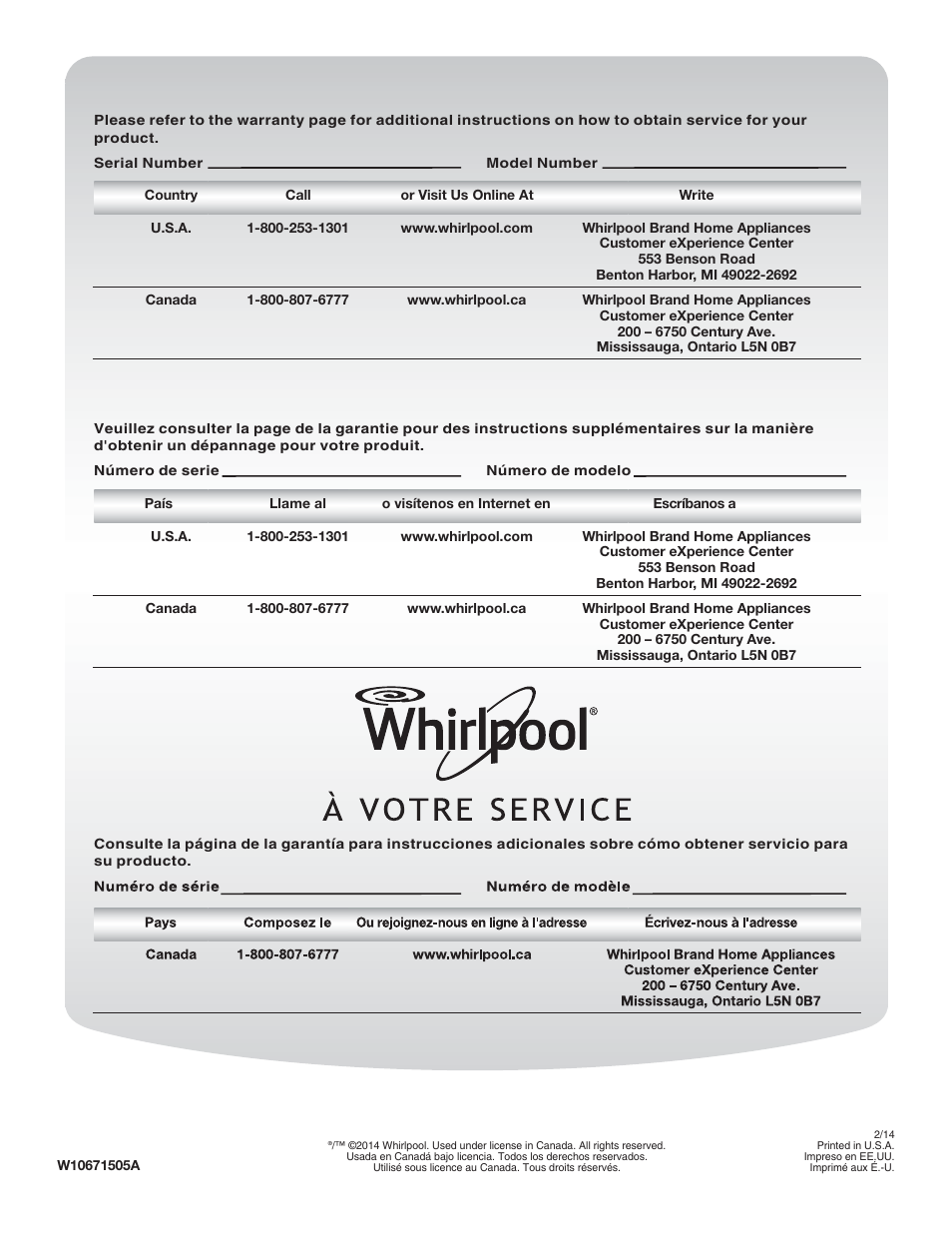 At your service, A su servicio | Whirlpool WRF989SDAM User Manual | Page 4 / 4