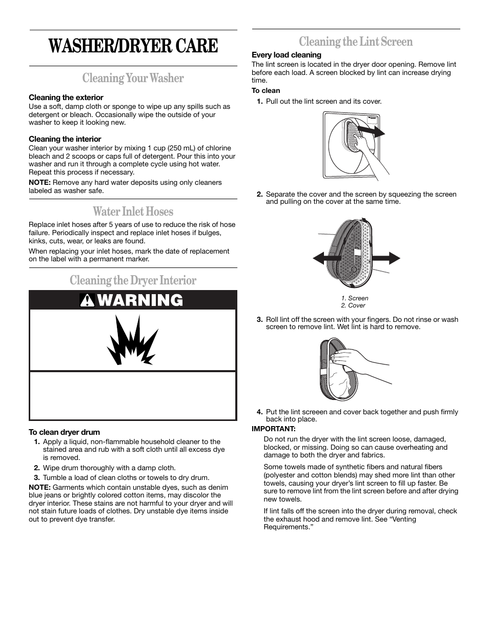 Washer/dryer care, Cleaning your washer, Water inlet hoses | Cleaning the dryer interior, Cleaning the lint screen | Whirlpool LTE5243DQ User Manual | Page 12 / 18