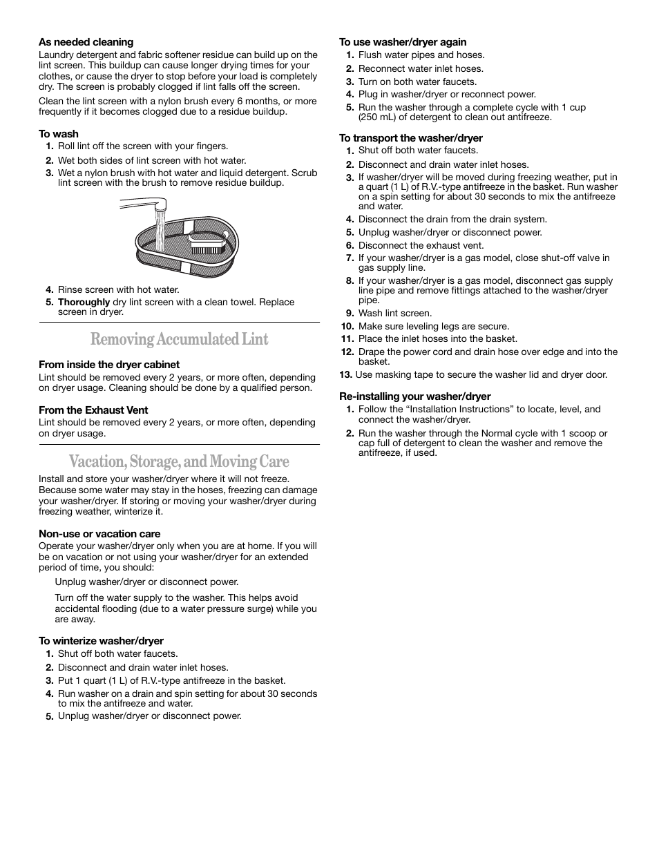 Removing accumulated lint, Vacation, storage, and moving care | Whirlpool LTE5243DQ User Manual | Page 13 / 18