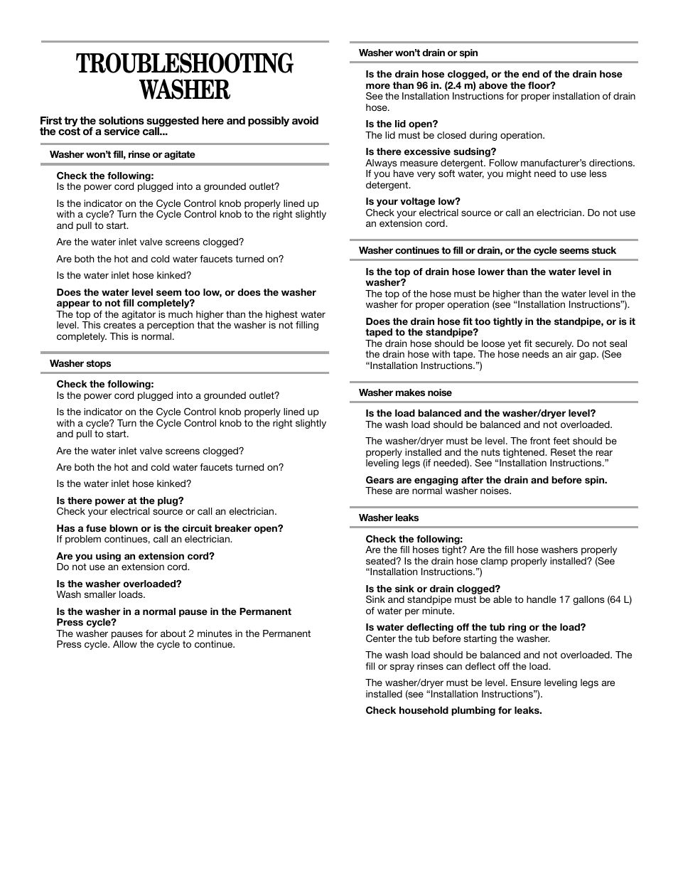 Troubleshooting washer | Whirlpool LTE5243DQ User Manual | Page 14 / 18