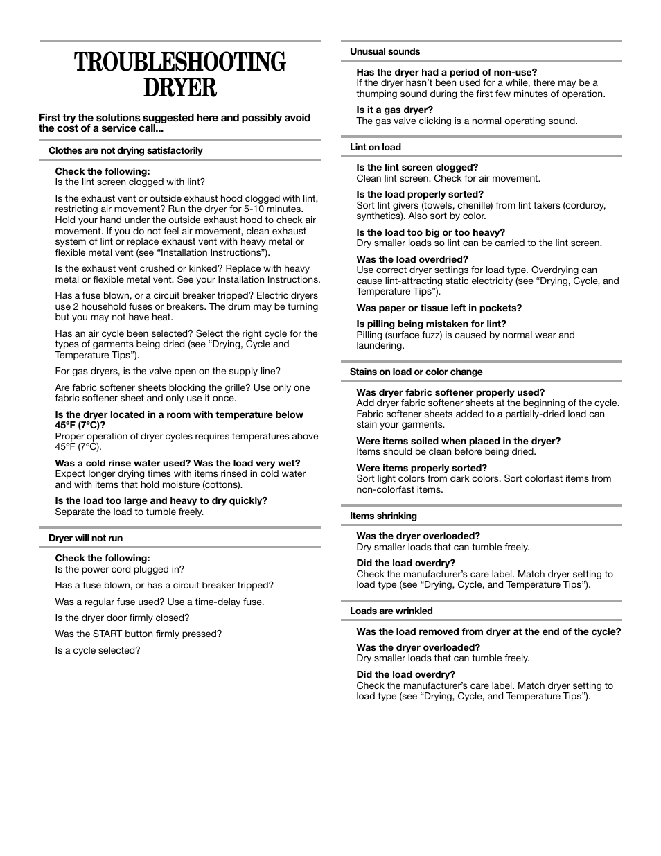 Troubleshooting dryer | Whirlpool LTE5243DQ User Manual | Page 16 / 18