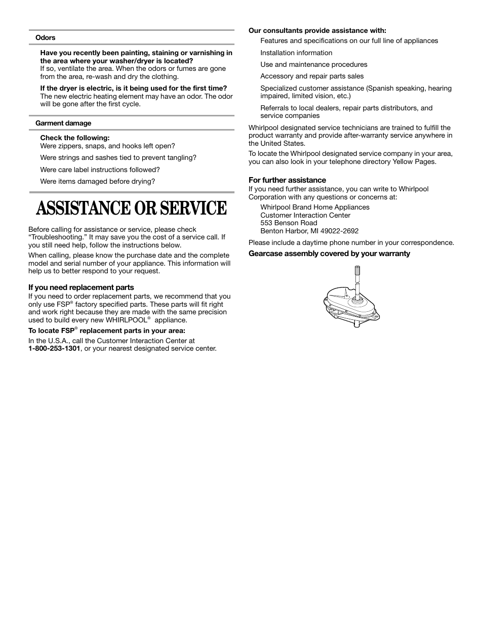 Assistance or service | Whirlpool LTE5243DQ User Manual | Page 17 / 18
