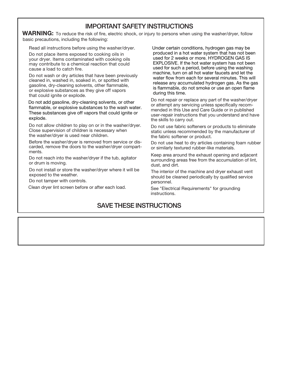 Important safety instructions, Save these instructions, Warning | Whirlpool LTE5243DQ User Manual | Page 4 / 18