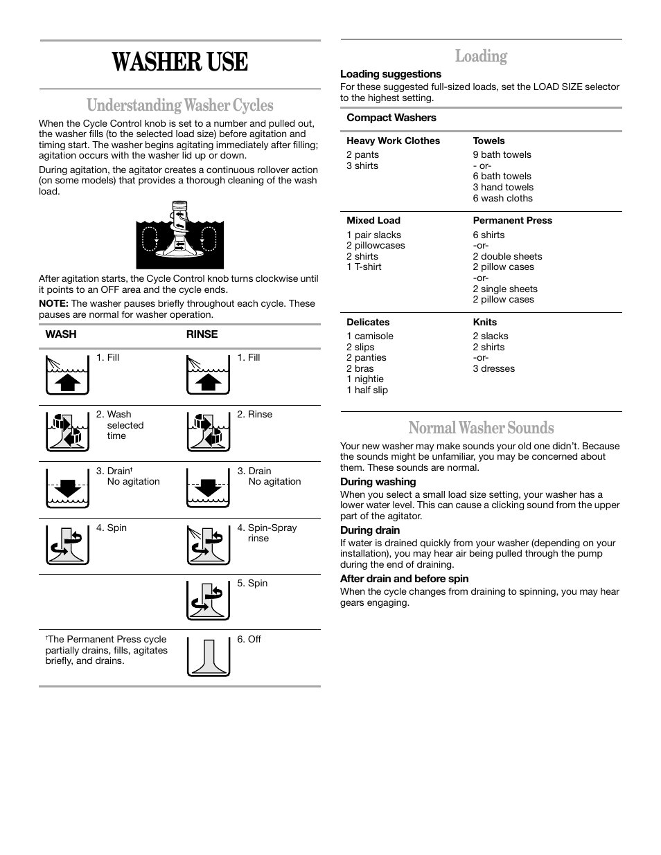 Washer use, Understanding washer cycles, Loading | Normal washer sounds | Whirlpool LTE5243DQ User Manual | Page 7 / 18