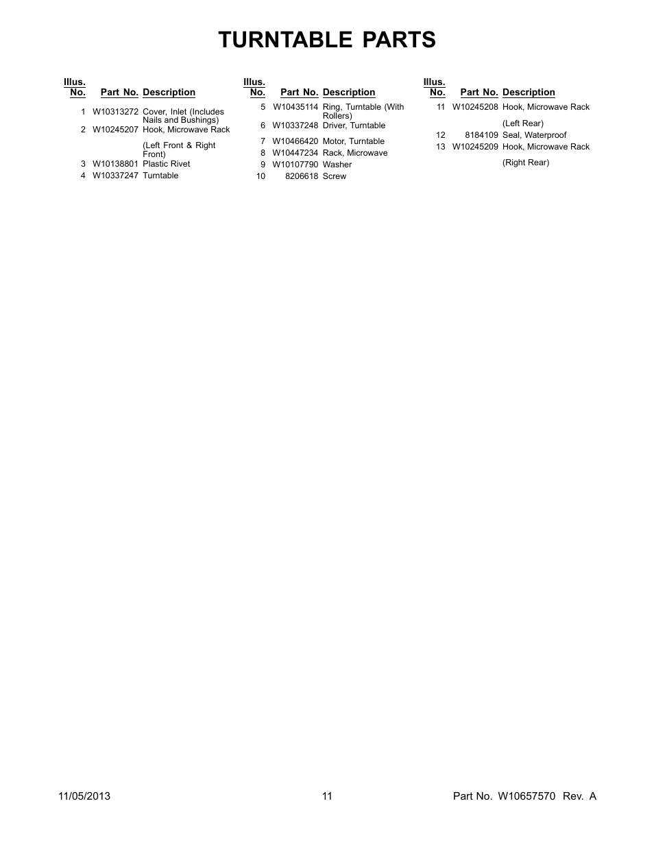 Turntable parts | Whirlpool WMH32519CS User Manual | Page 11 / 13
