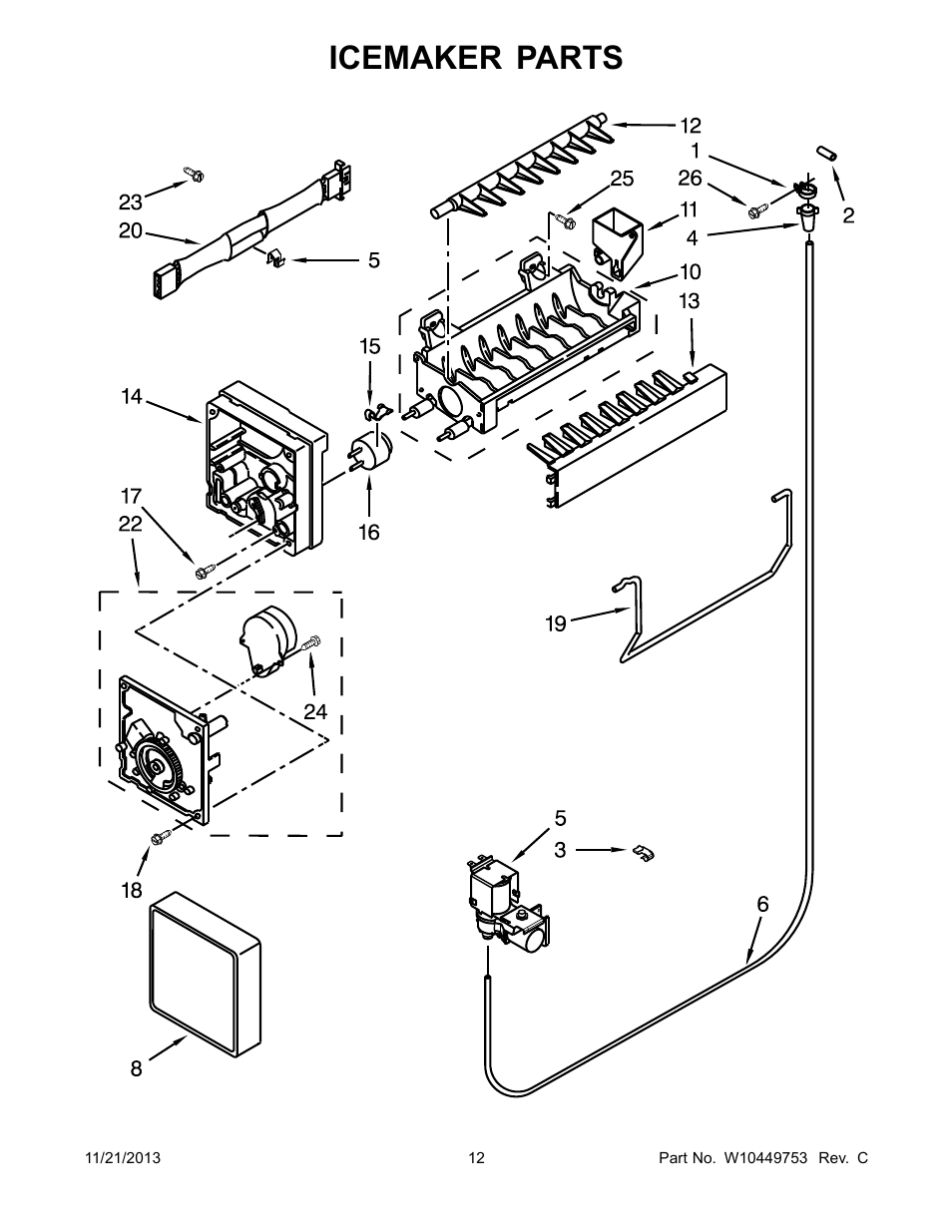 Icemaker, Icemaker parts | Whirlpool WRF560SMYB User Manual | Page 12 / 16