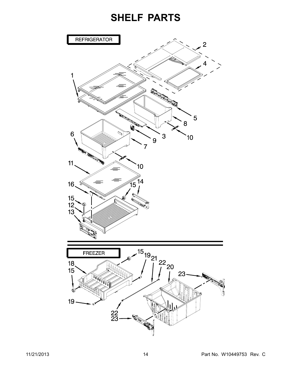 Shelf, Shelf parts | Whirlpool WRF560SMYB User Manual | Page 14 / 16