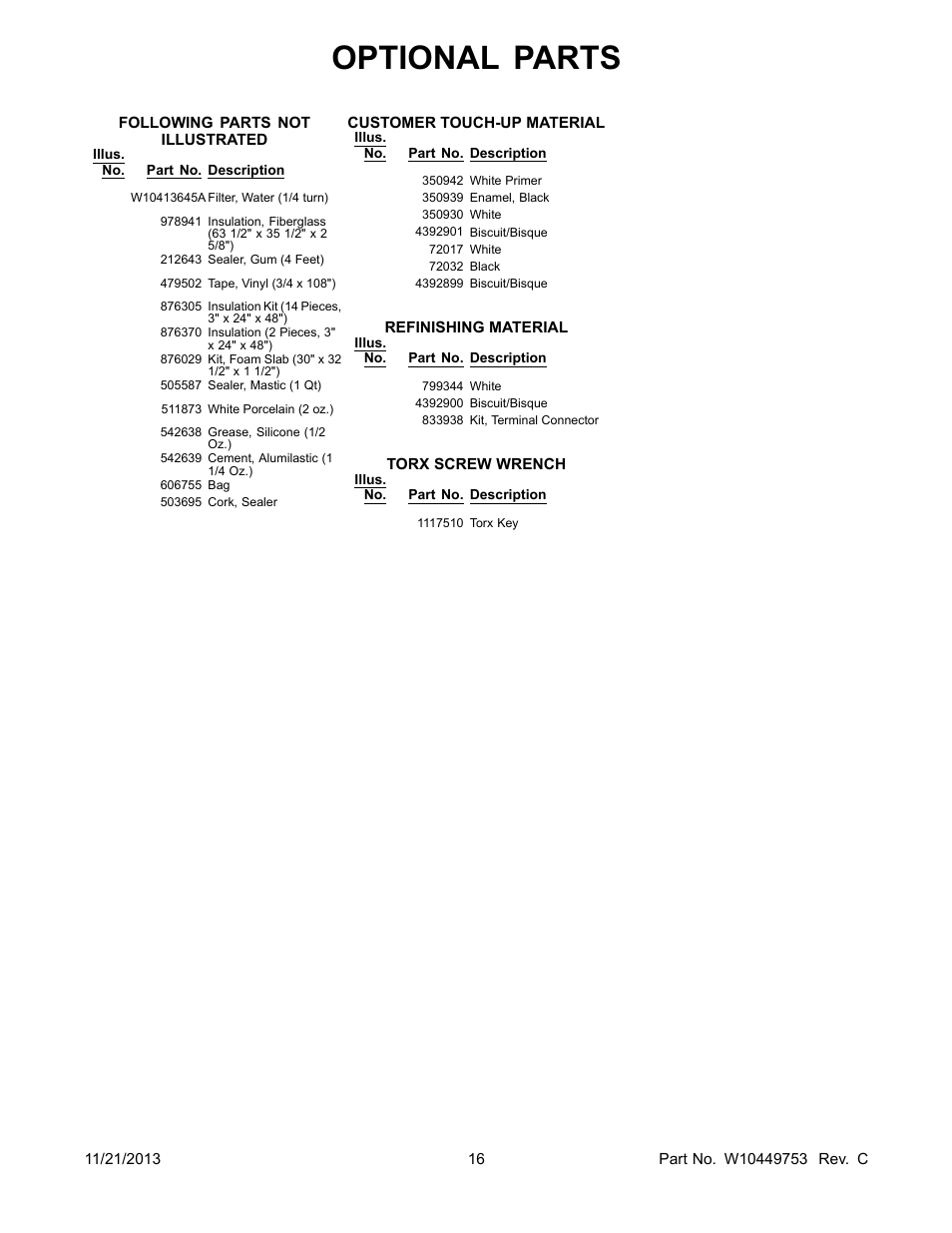 Optional, Optional parts | Whirlpool WRF560SMYB User Manual | Page 16 / 16