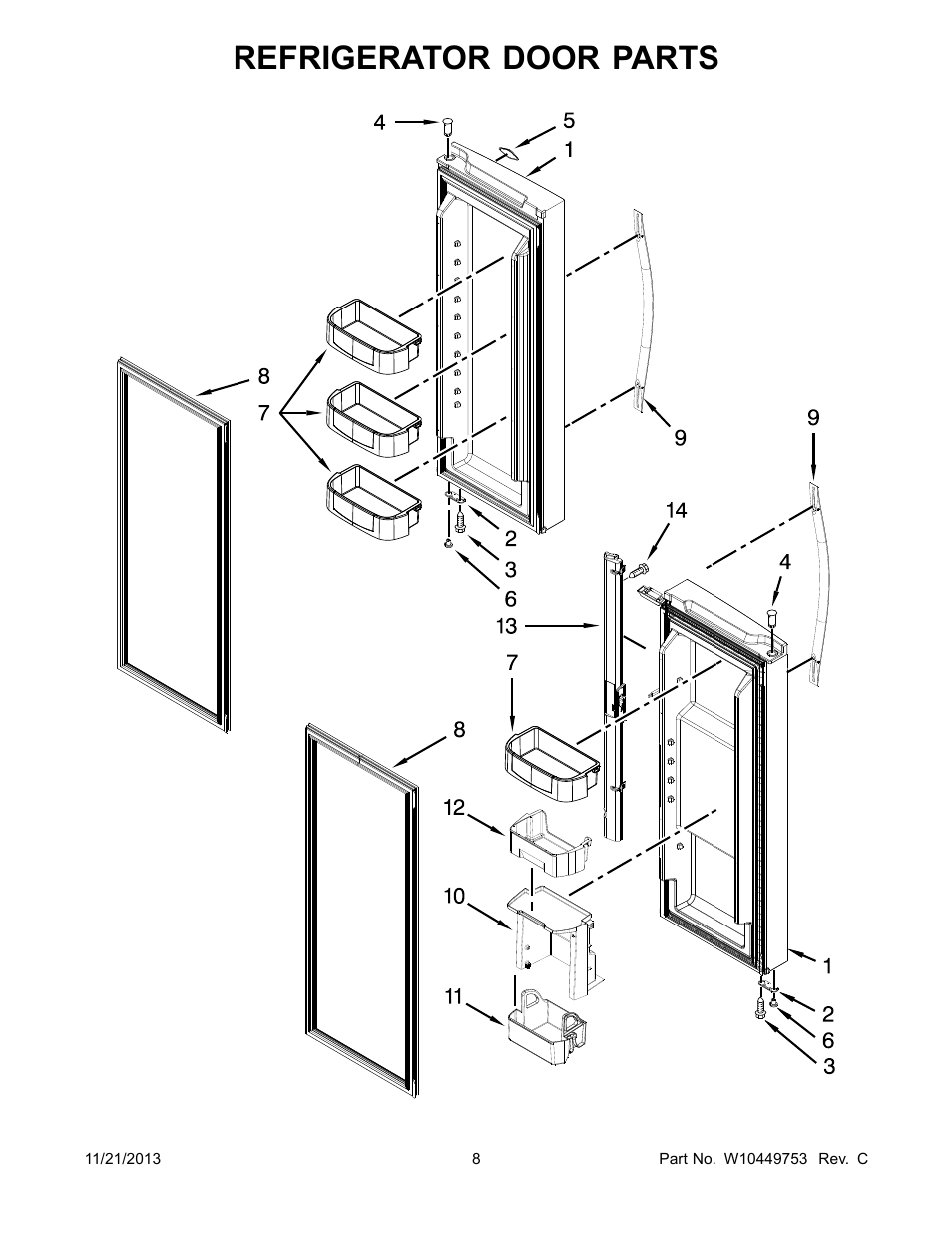 Refrigerator door, Refrigerator door parts | Whirlpool WRF560SMYB User Manual | Page 8 / 16