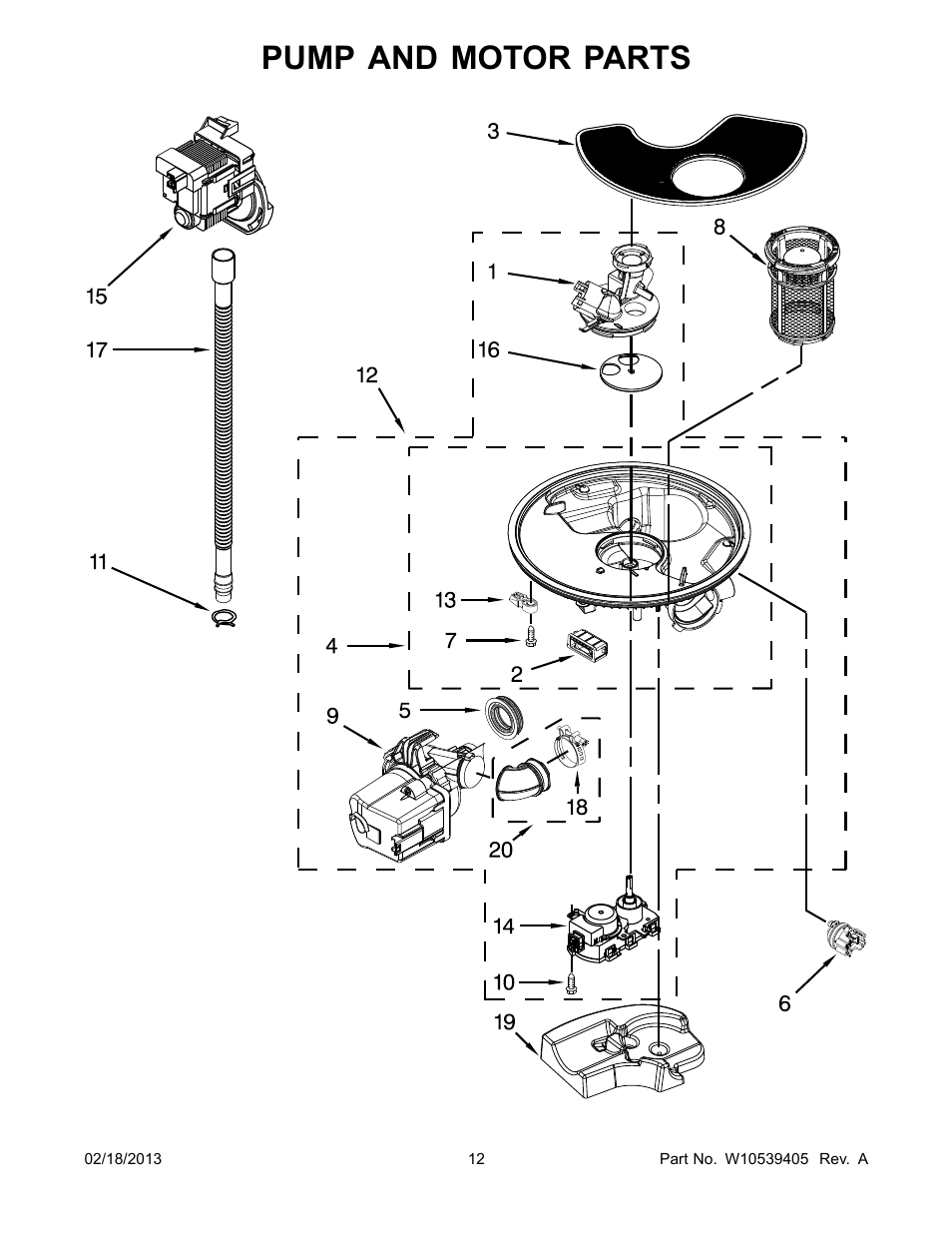 Pump and motor, Pump and motor parts | Whirlpool WDL785SAAM User Manual | Page 12 / 24