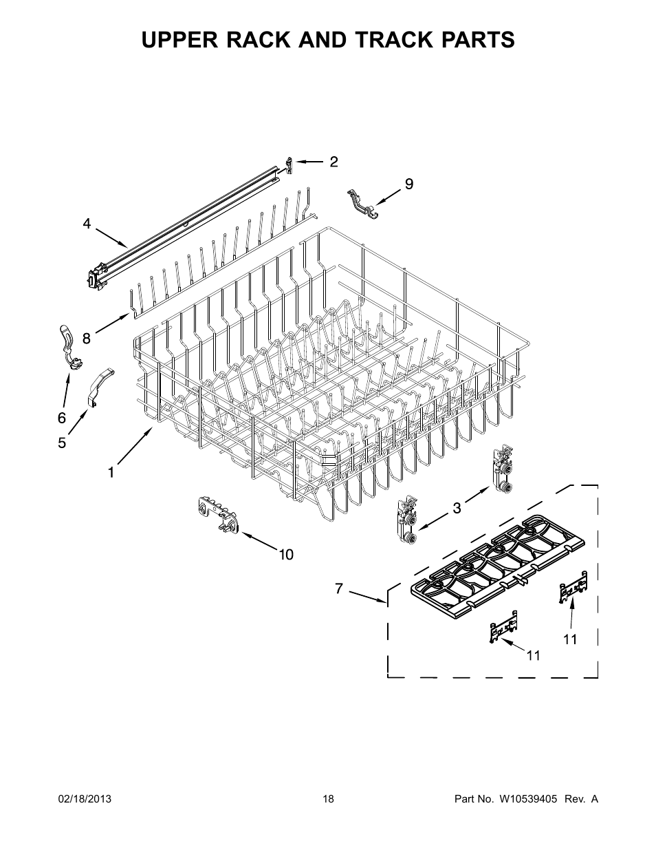 Upper rack and track, Upper rack and track parts | Whirlpool WDL785SAAM User Manual | Page 18 / 24
