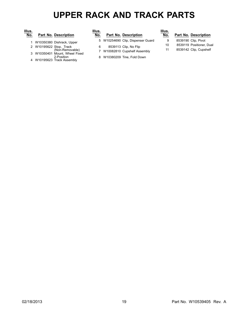 Upper rack and track parts | Whirlpool WDL785SAAM User Manual | Page 19 / 24