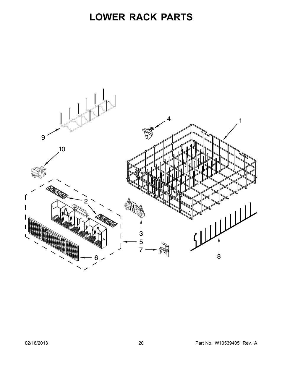 Lower rack, Lower rack parts | Whirlpool WDL785SAAM User Manual | Page 20 / 24
